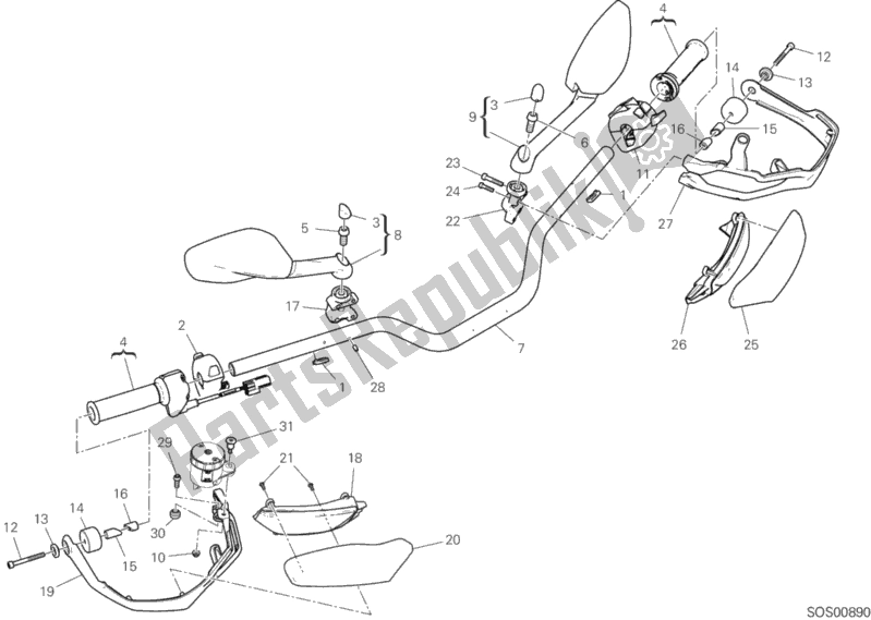 All parts for the Handlebar of the Ducati Multistrada 1260 S ABS Thailand 2018